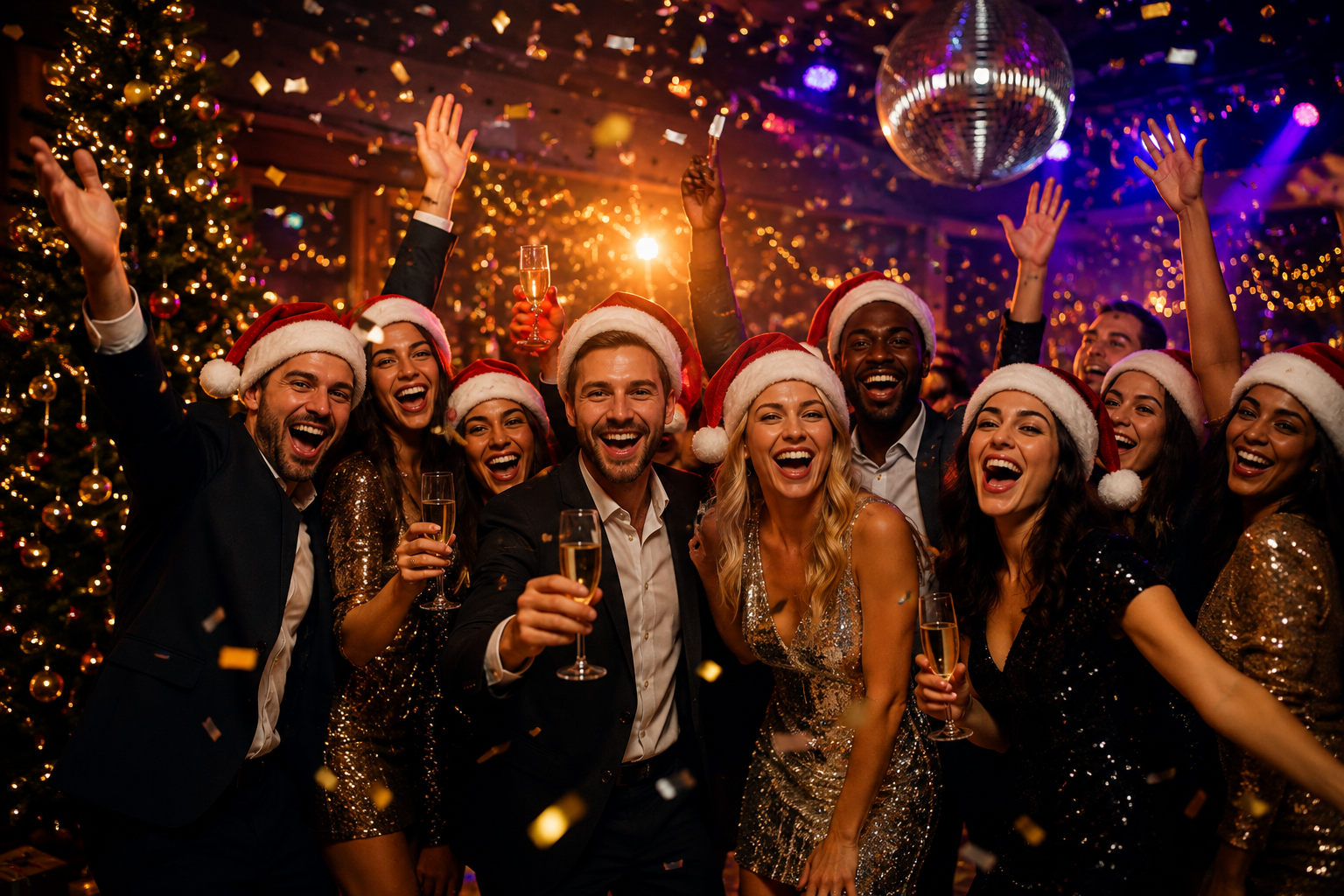 Friends celebrating together at a disco Christmas party